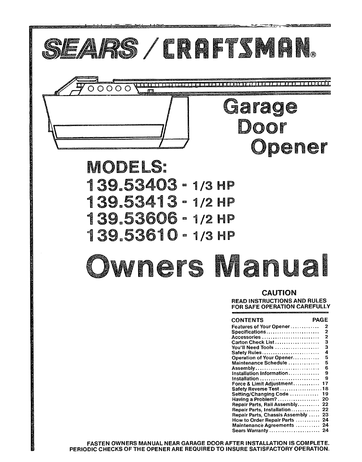 Sears Craftsman Garage Door Opener 1/2 Hp Manual